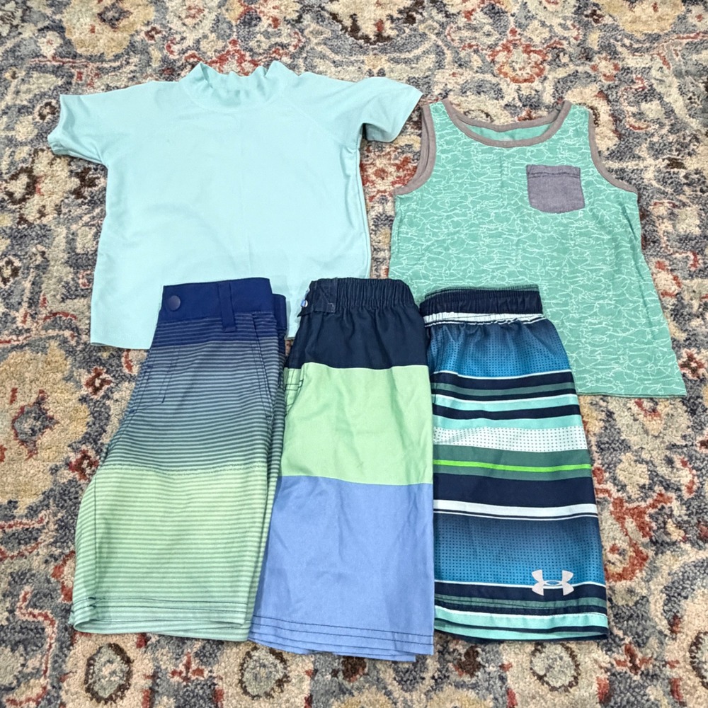Under Armour RuggedButts Art Class Boys 4-5 Bundle Swim Shorts Rash Guard EUC